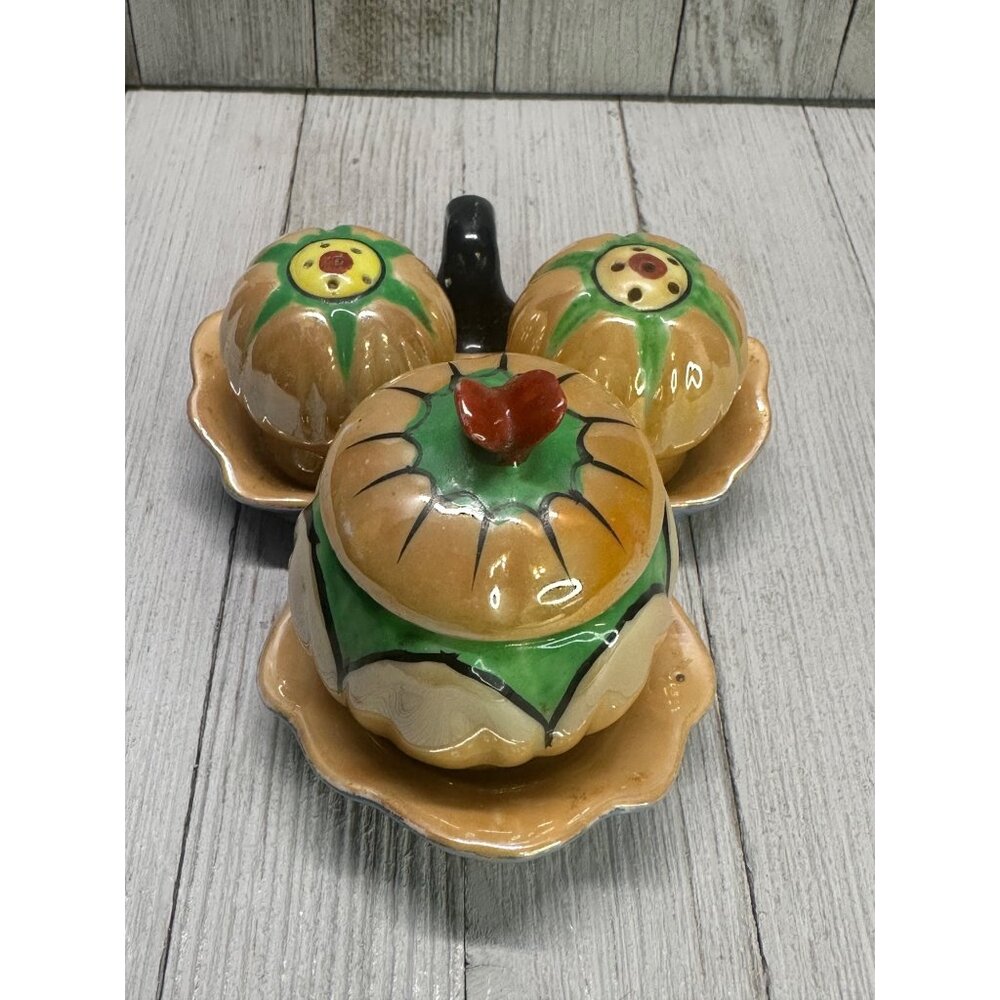 Vintage Japanese Lusterware Salt and Pepper Shaker & Condiment Set with Tray
